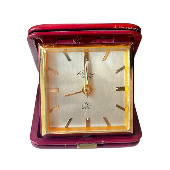 Rosemont Travel Alarm Clock W/  Burgundy Leather Case 15 Rubis Swiss Made Geneva - Picture 11 of 16